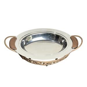 Vintage Stainless Serving Tray w/ Bronze Enameled Cast Iron Holder Base - EUC